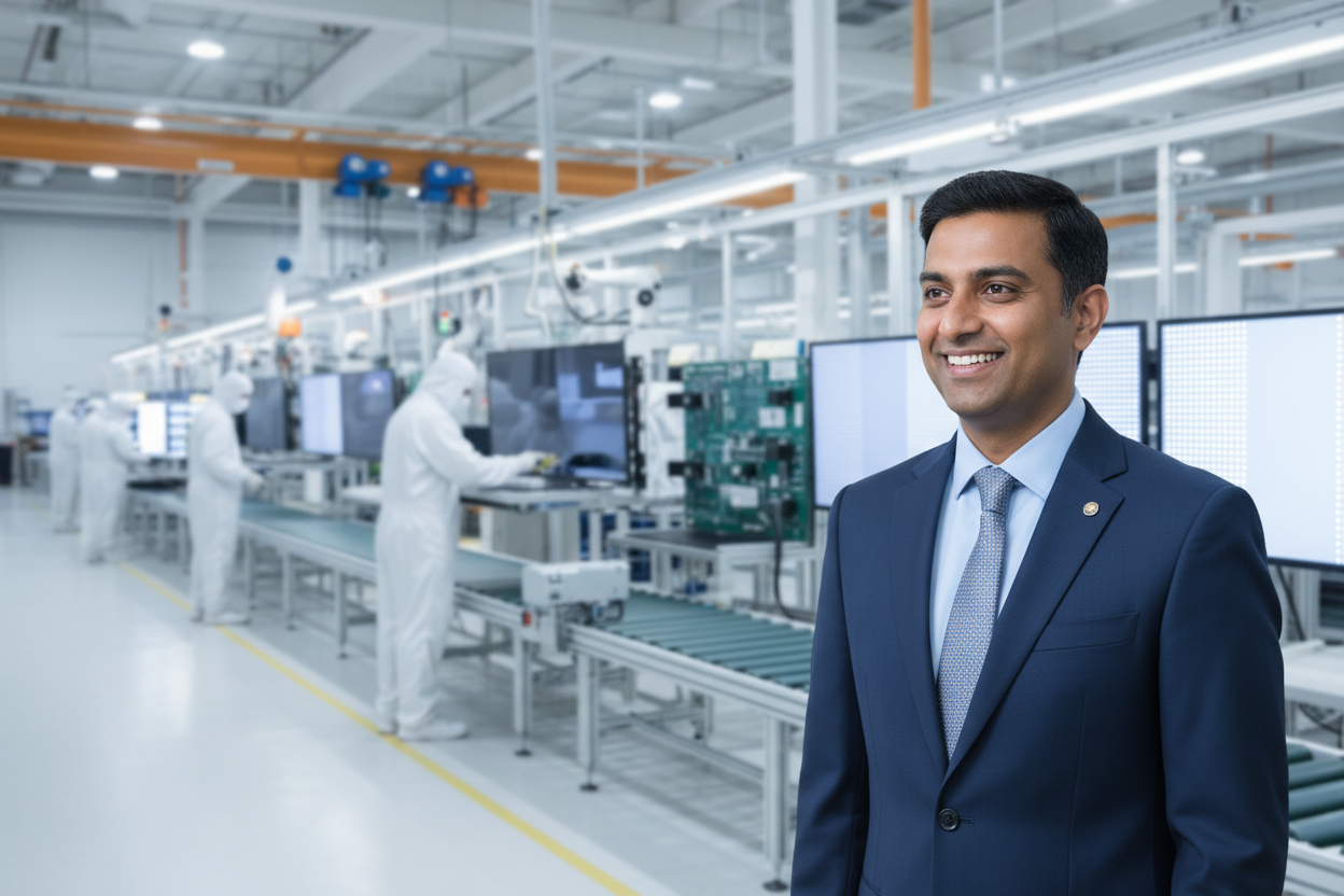 A smiling indian men standing at the right hand side and in his background the manufacturing unit of interactive flat panel, i need this image a little blury as i am going to place it for the background 