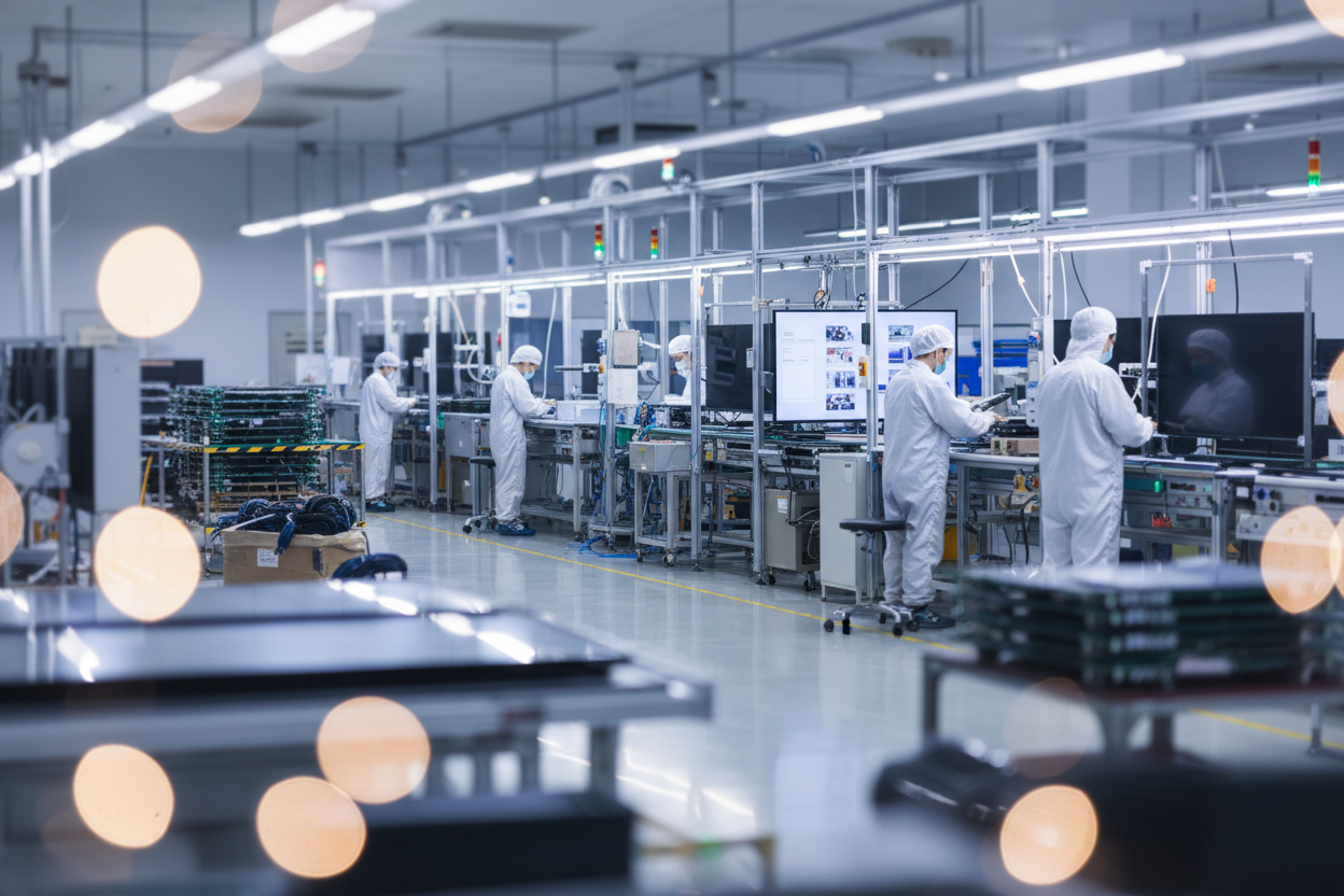 Background blur image of manufacturing unit of Interactive flat panel or display related products  