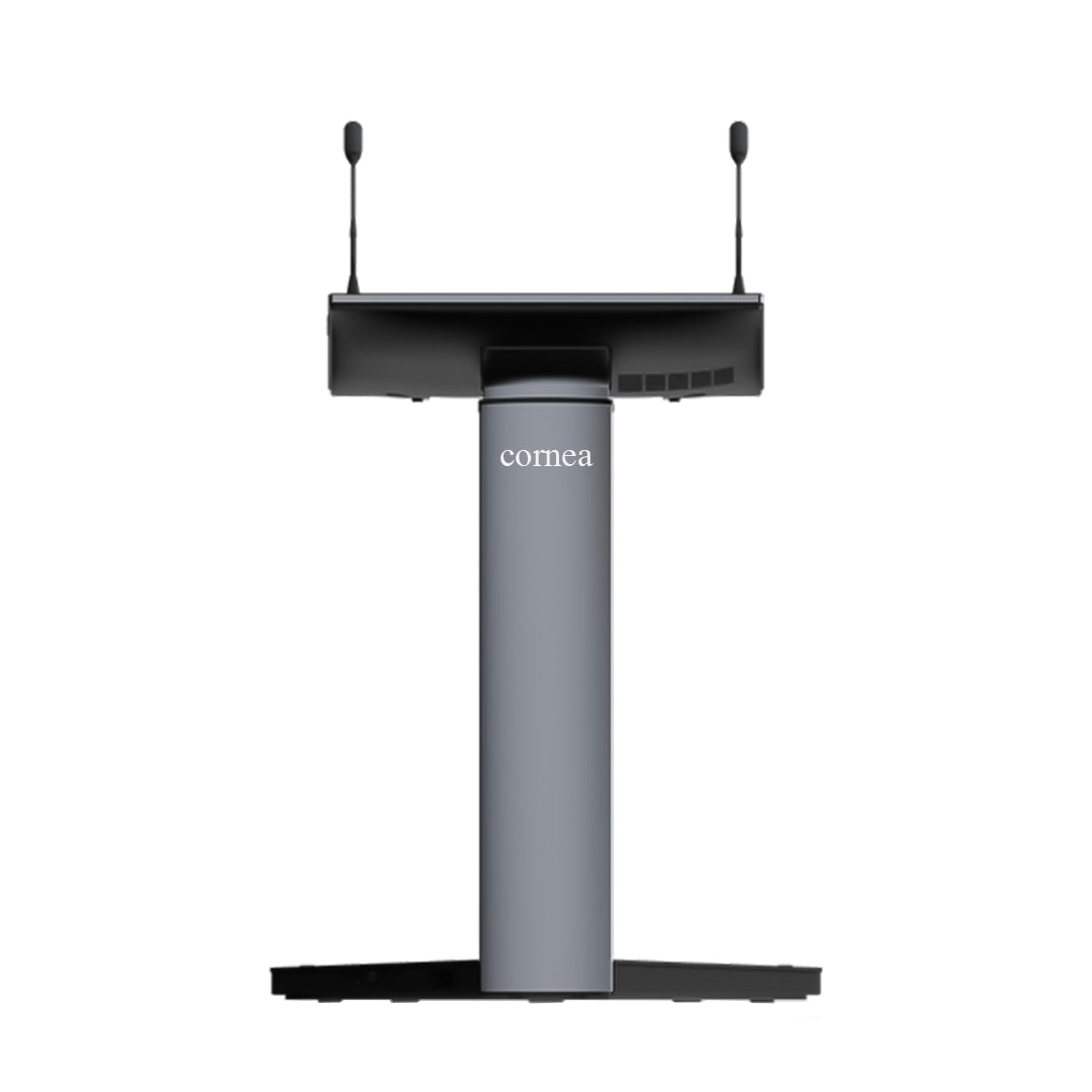 Cornea Orator Series digital podium, front view with Cornea-branded electric lift column and two gooseneck microphones