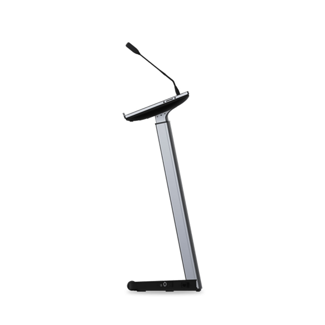 Cornea Orator Series electric lectern, side view of the angled lift column